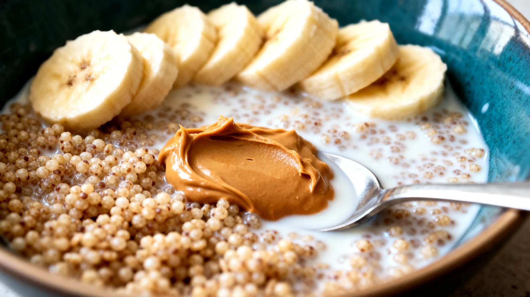 Amaranto soffiato con bevanda di mandorla, banana e burro di arachidi"