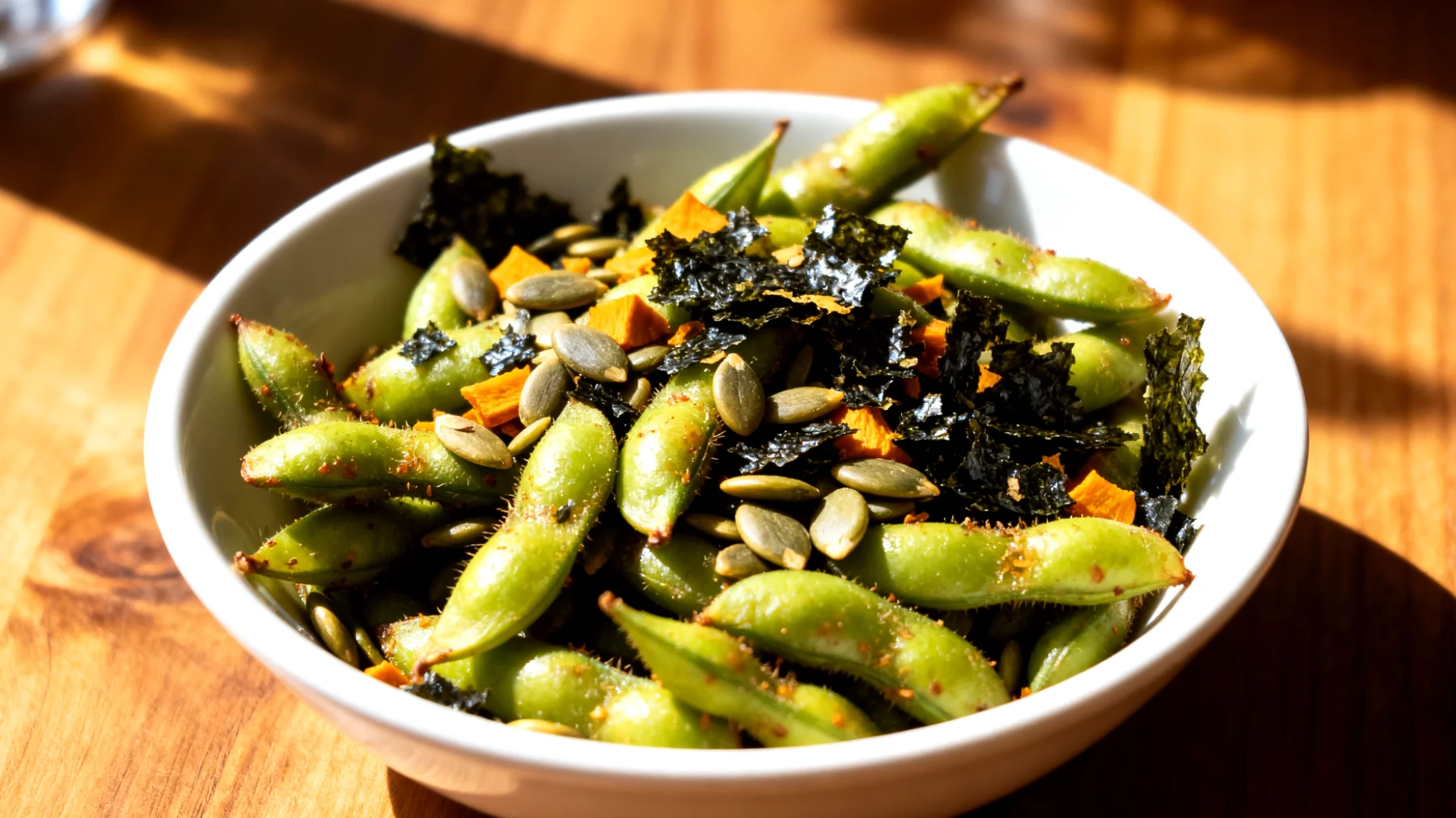 Edamame tostati con semi di zucca e alga nori sbriciolata"