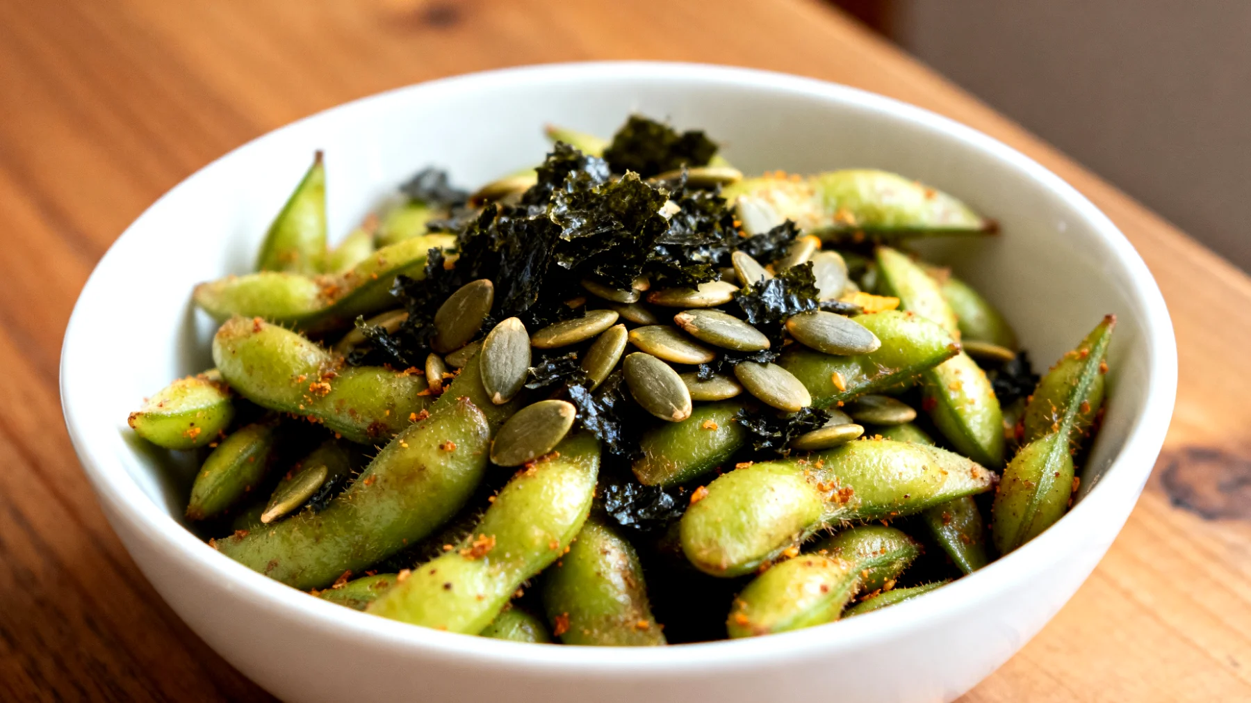 Edamame tostati con semi di zucca e alga nori sbriciolata"