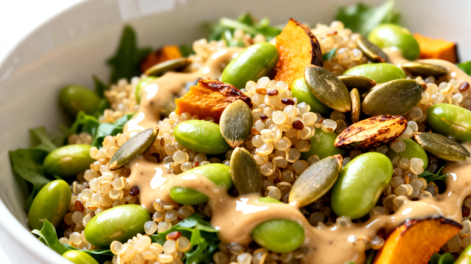 Insalata di quinoa con edamame, semi di zucca e tahina"