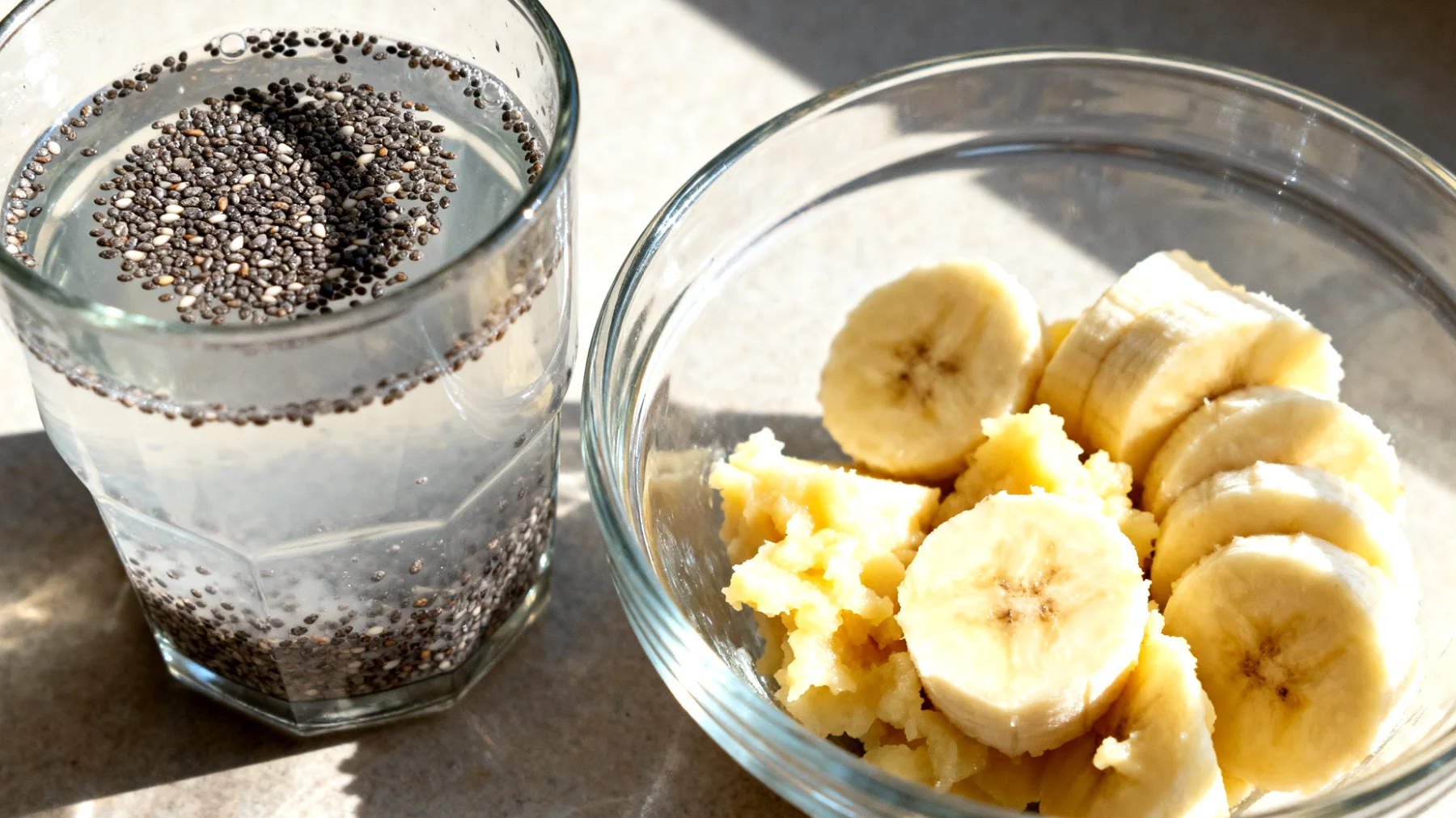 Kefir d'acqua con semi di chia e banana schiacciata"