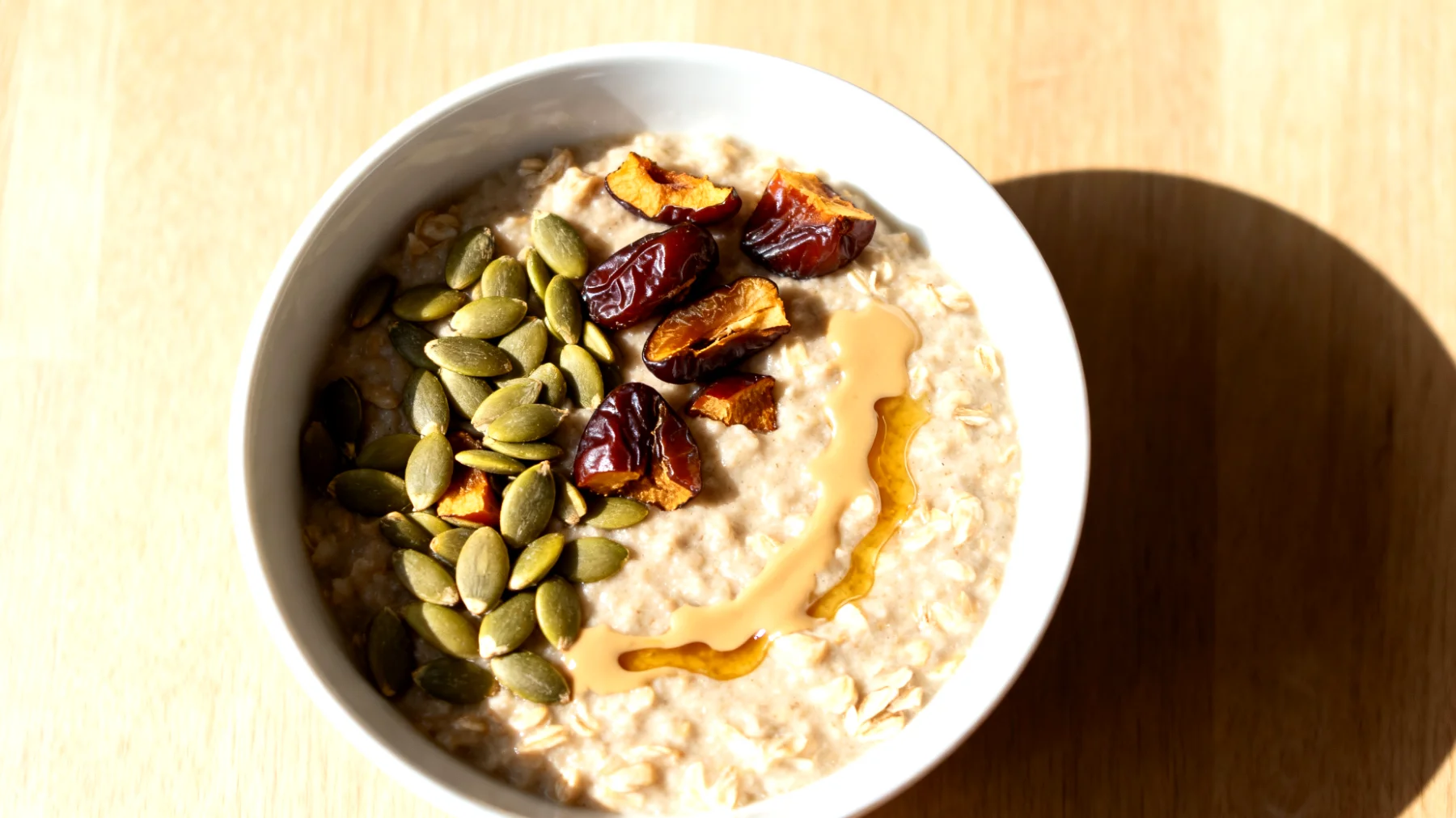 Porridge di avena con semi di zucca, datteri e tahina"