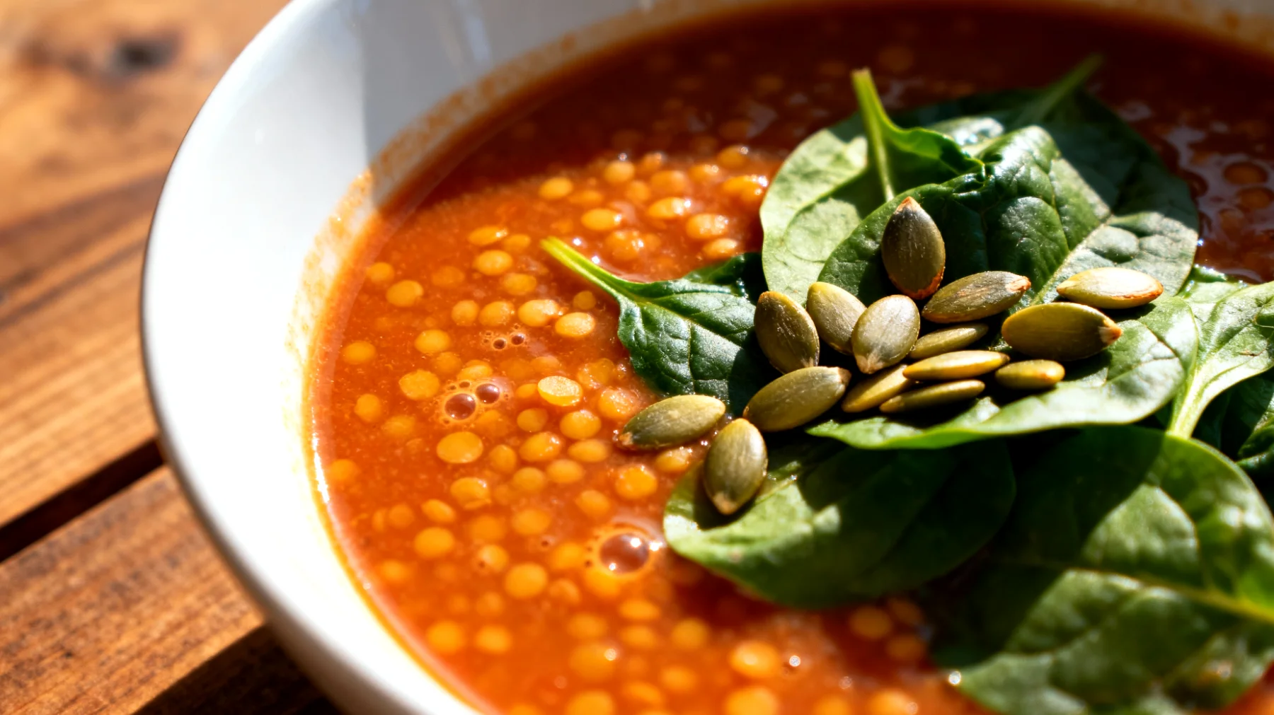 Zuppa di lenticchie rosse decorticate con spinaci e semi di zucca"