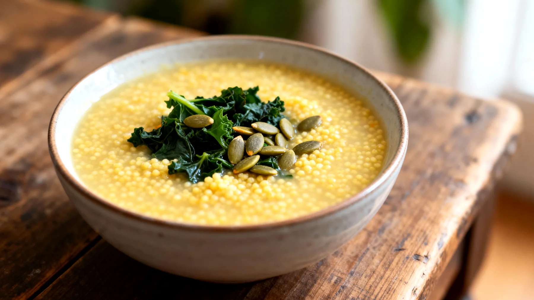 Zuppa di miglio con verdure amare e semi di zucca"