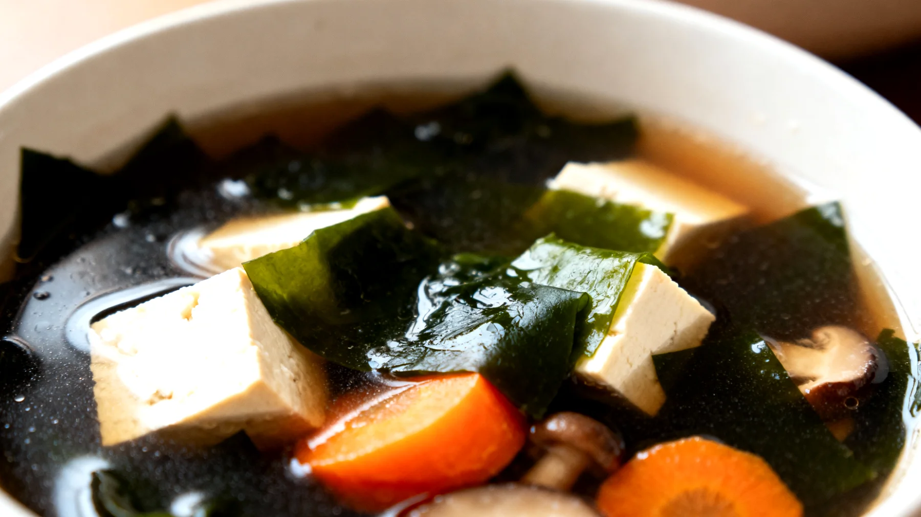 Zuppa di miso con alghe wakame, tofu e verdure di stagione"