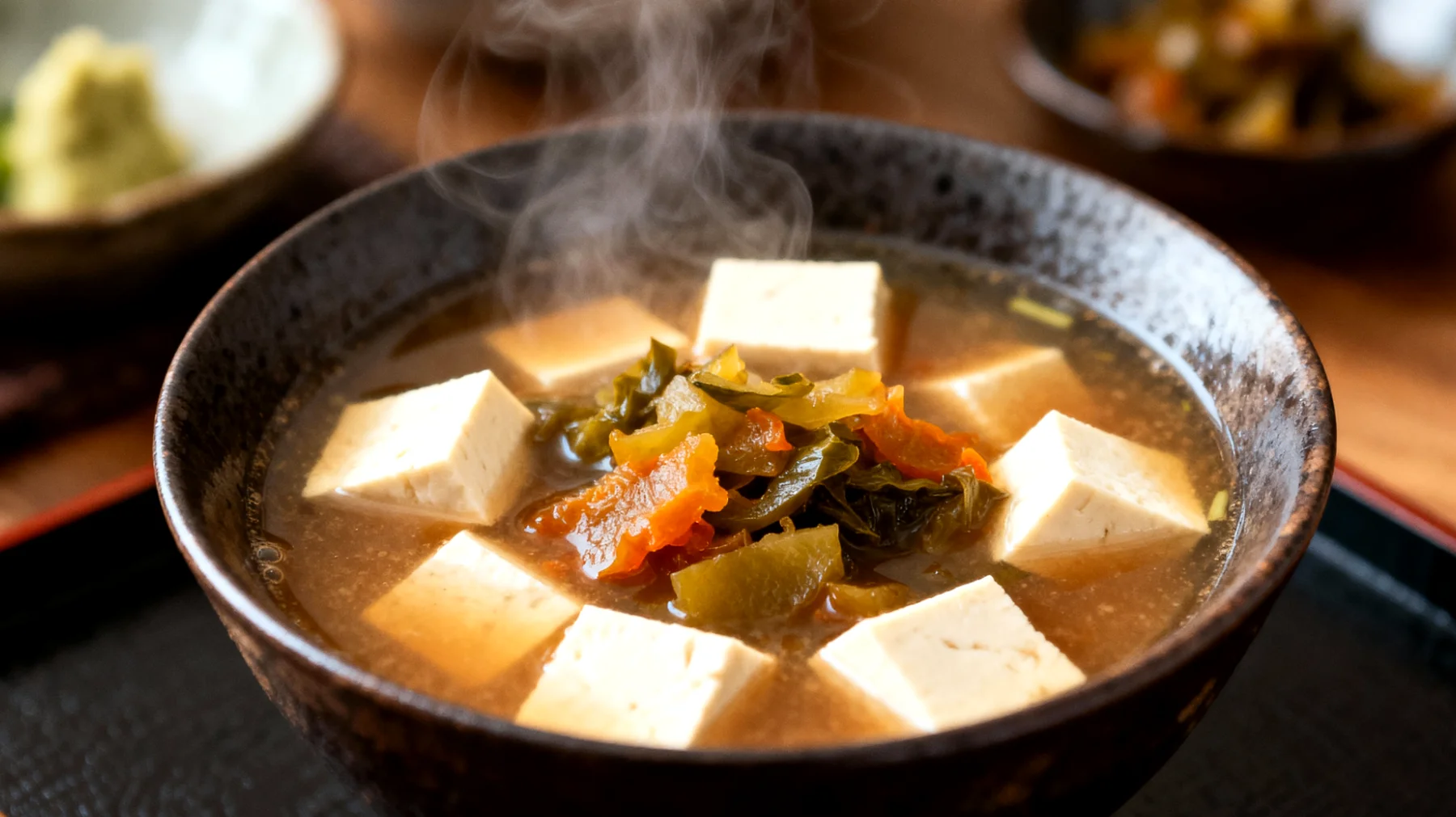Zuppa di miso con tofu e verdure fermentate"