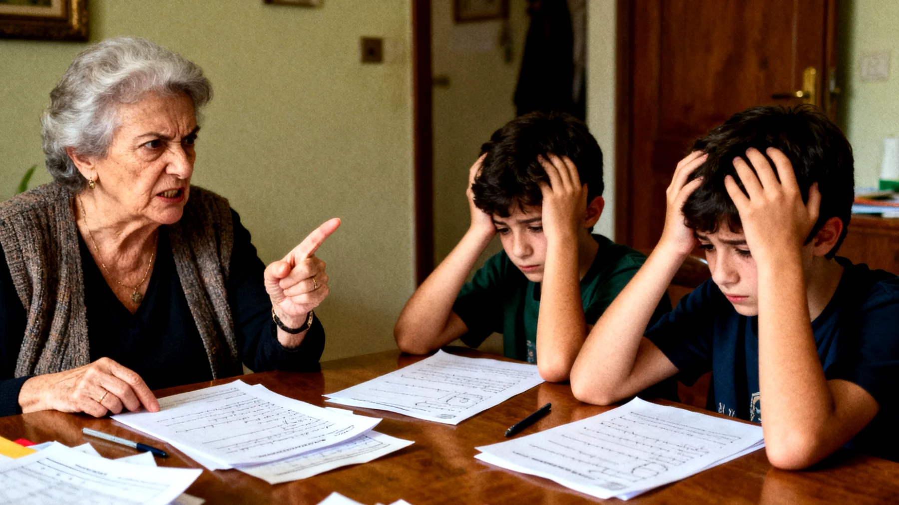 Nonna che esercita pressioni eccessive sui nipoti bambini riguardo ai risultati scolastici, alle performance sportive e al comportamento, creando aspettative troppo elevate che generano ansia e stress nei bambini"