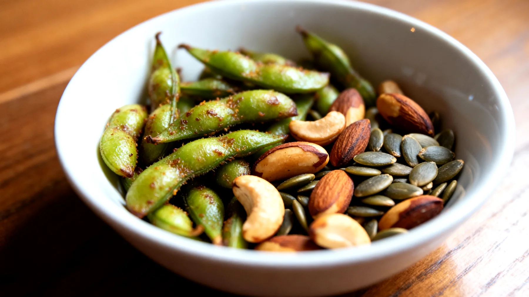 Edamame tostati con semi di zucca e noci del Brasile"