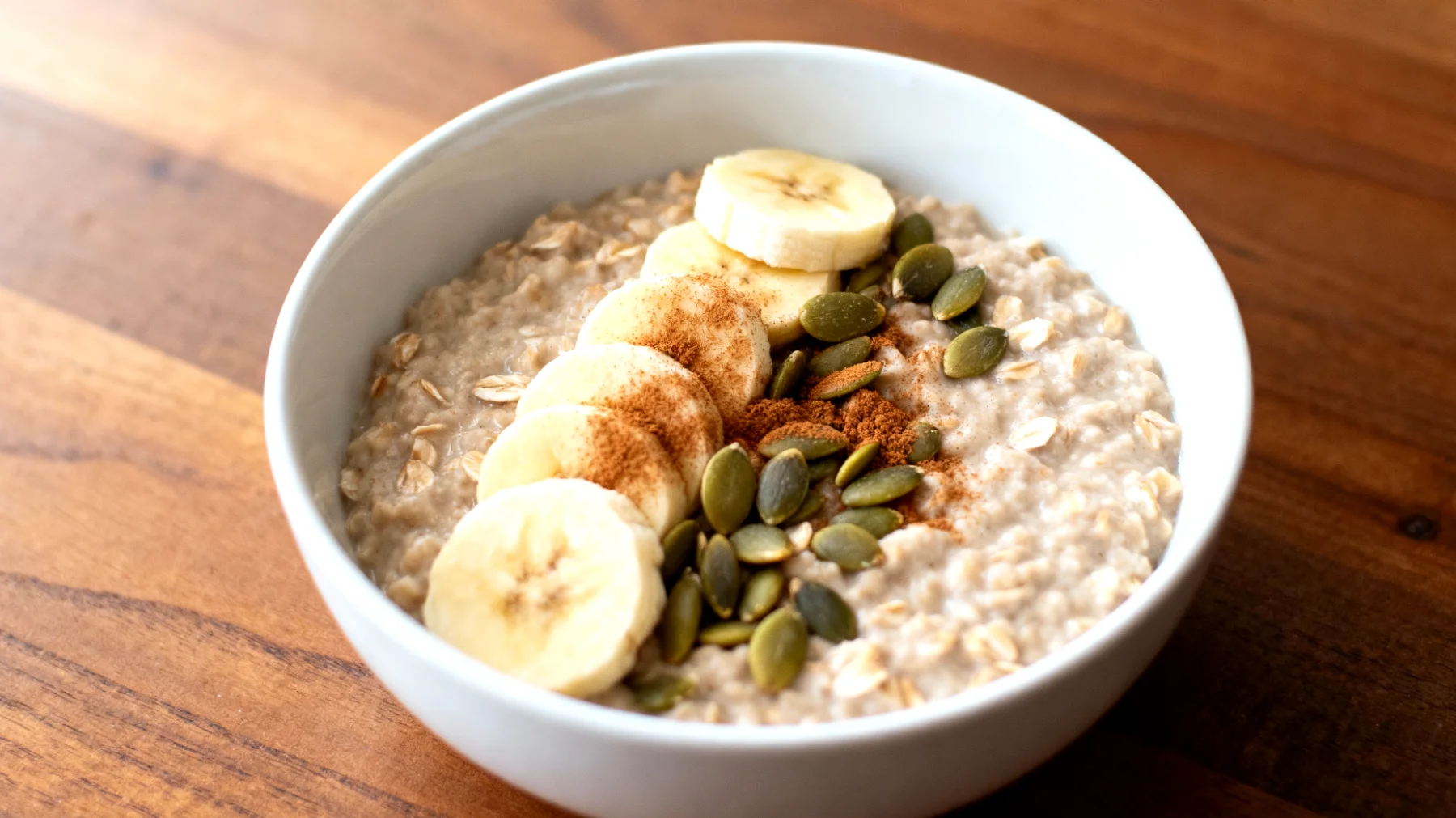 Porridge di avena con semi di zucca, banana e cannella"