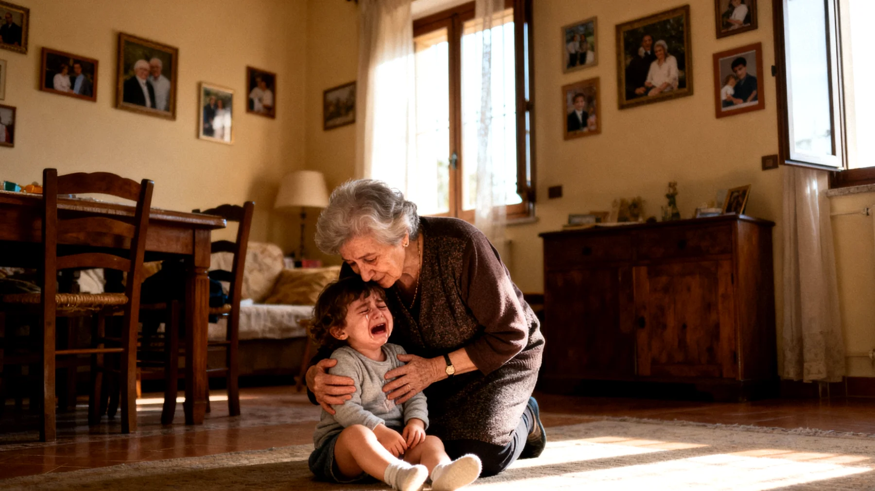 Una nonna che si prende cura regolarmente dei nipoti bambini fatica a gestire le loro crisi emotive improvvise, come scoppi di pianto inconsolabile, capricci rabbiosi o manifestazioni di paura, sentendosi inadeguata e preoccupata di non riuscire a calmarli efficacemente come facevano i loro genitori."